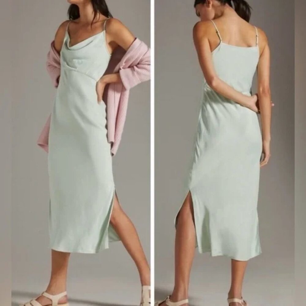 Anthropologie Elyse Luxe Bias Cut Slip Dress Mint Green Silky Midi ✨ 💃🏻 Medium - Picture 1 of 6